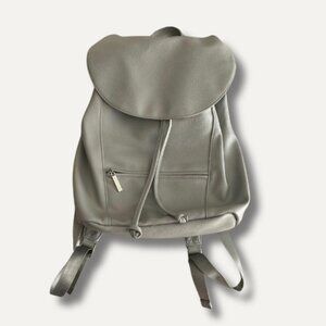Faux Leather Laptop Backpack with Snap and Drawstring in Grey